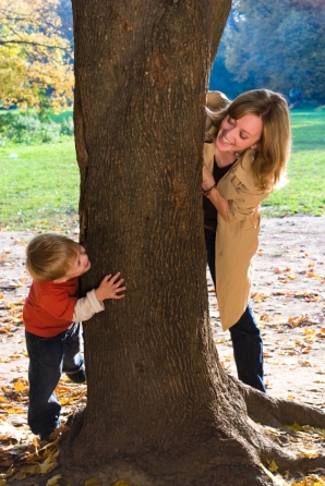 Mother and son play hide-and-seek