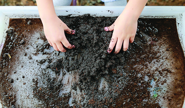 Hands mixing soil in the tray.