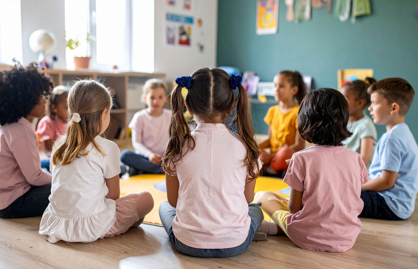 Preschool children taking part in circle time which is a part of their regular routine and helps them maintain peace